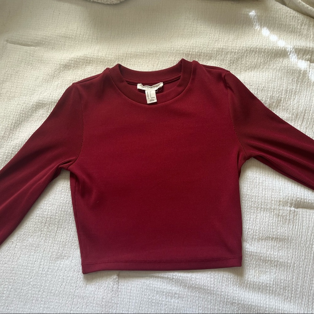 Red Ribbed Long Sleeved Crop Top
